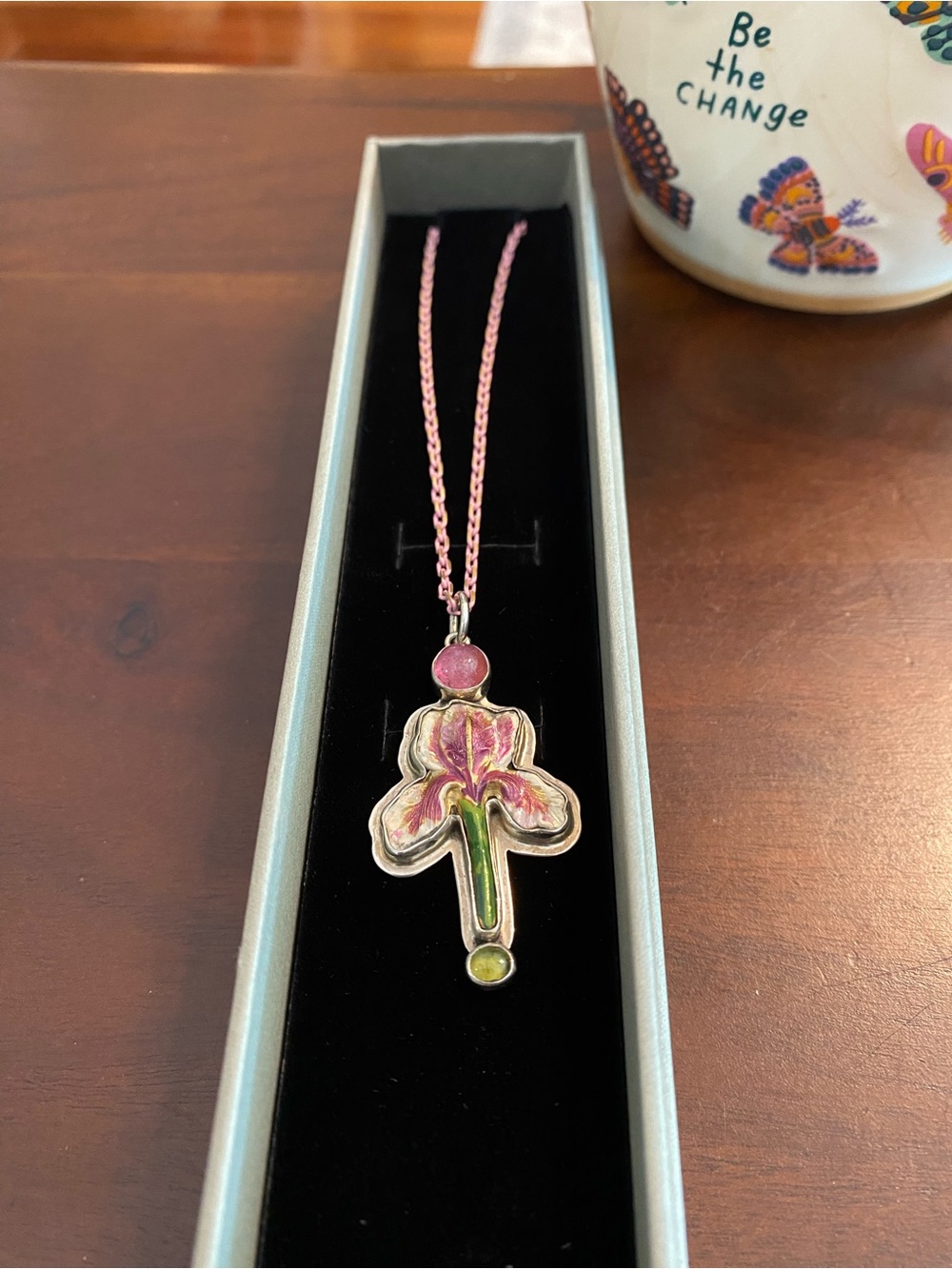 Pink Enamel Flower Sterling Pendant with tourmaline and peridot Green cabochons